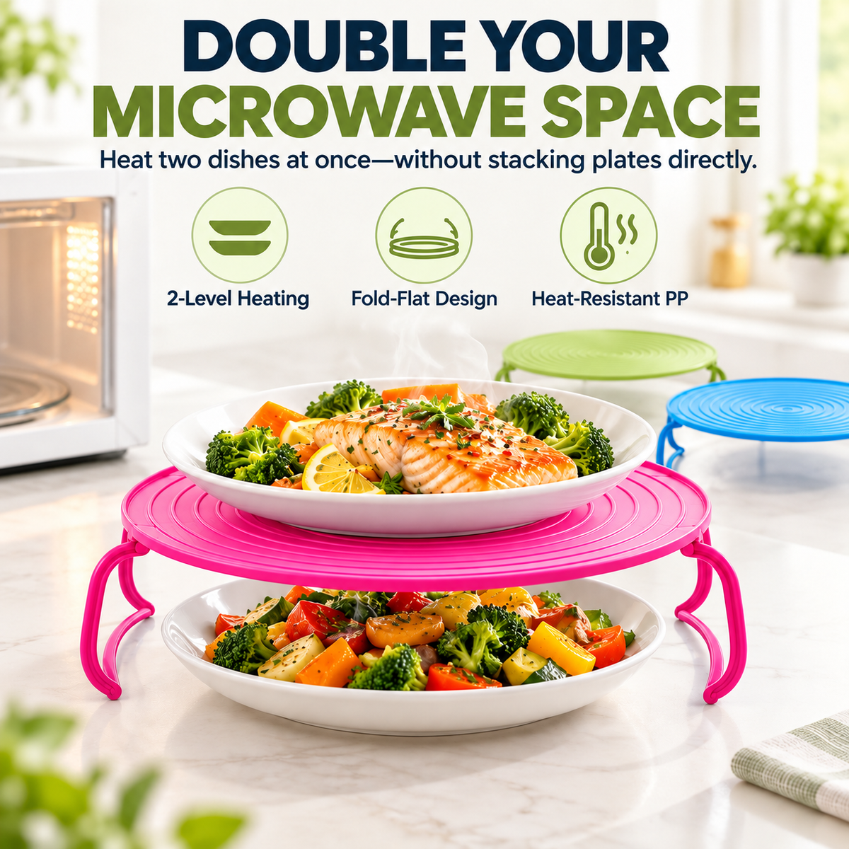 đ˝ď¸ 2-in-1 Microwave Plate Stacker & Heat-Resistant Trivet â Double Your Microwave Space