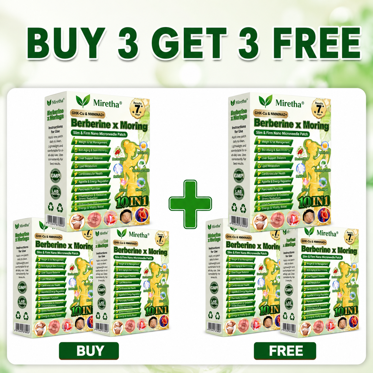 Miretha® Moringa · Berberine+ 10-in-1 Advanced Nano Microneedle Patch