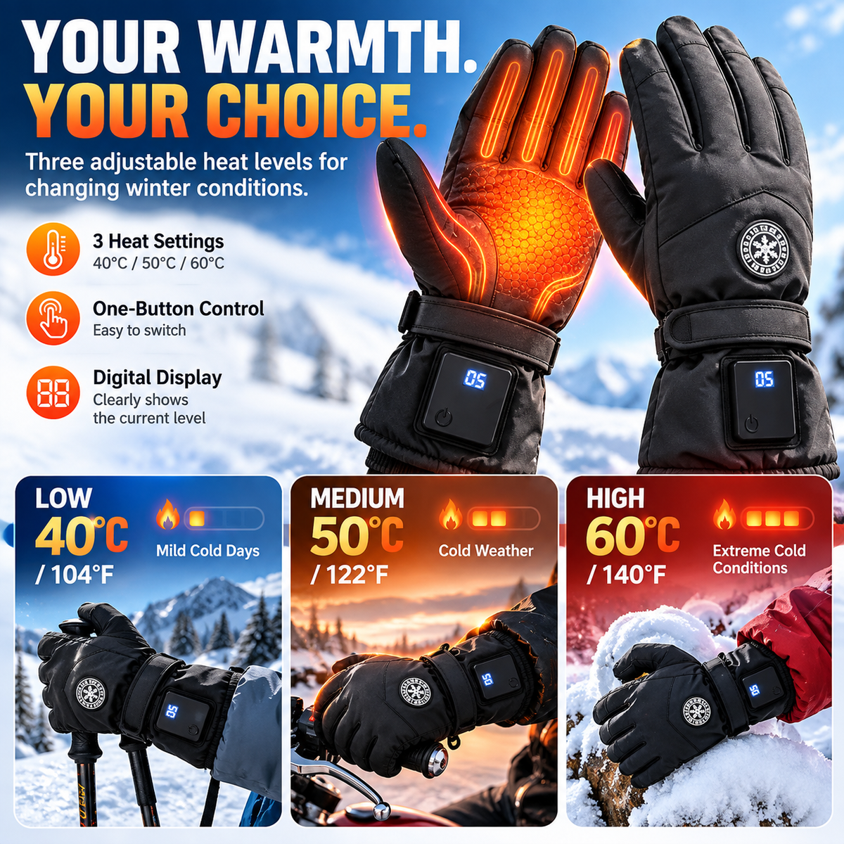 🔥 Rechargeable Heated Gloves – 3 Heat Settings, Waterproof Winter Gloves