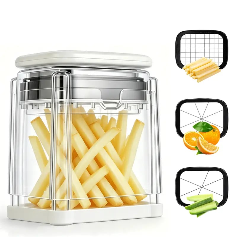 🎉 Fingersafe French Fry Cutter – Stainless Steel Potato Slicer with Detachable Interchangeable Blades
