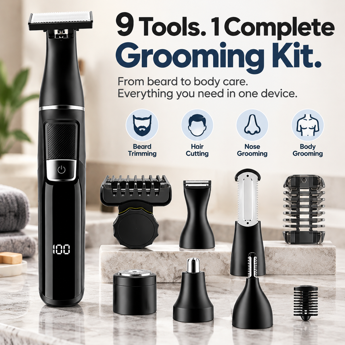 9-in-1 Men's Grooming Kit – One Tool for Beard, Hair & Body