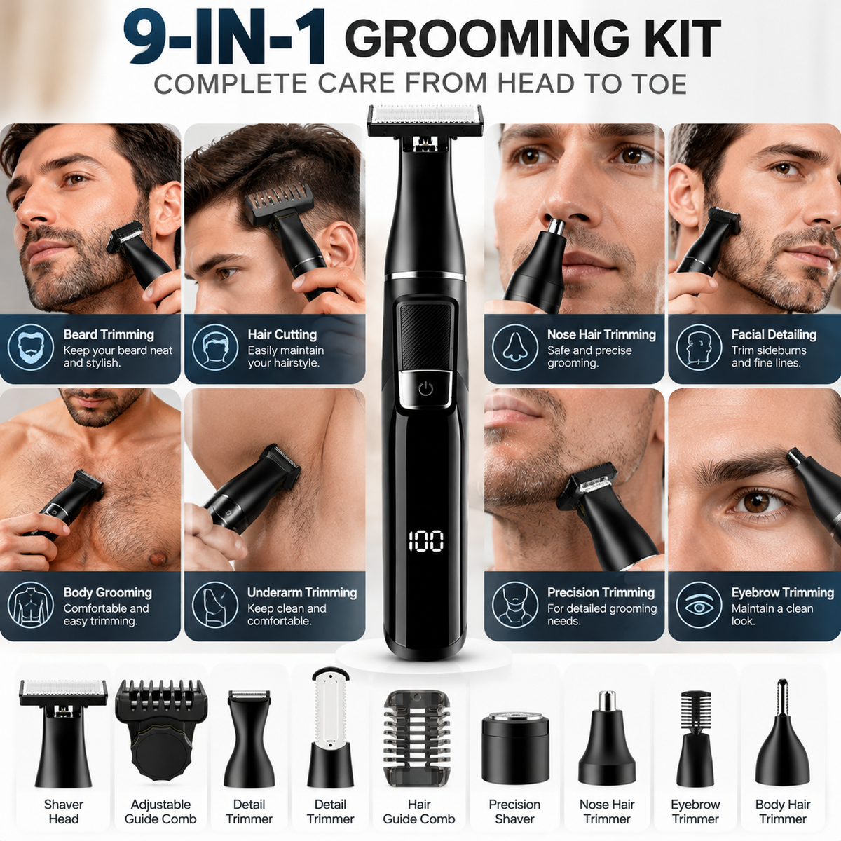 9-in-1 Men's Grooming Kit – One Tool for Beard, Hair & Body