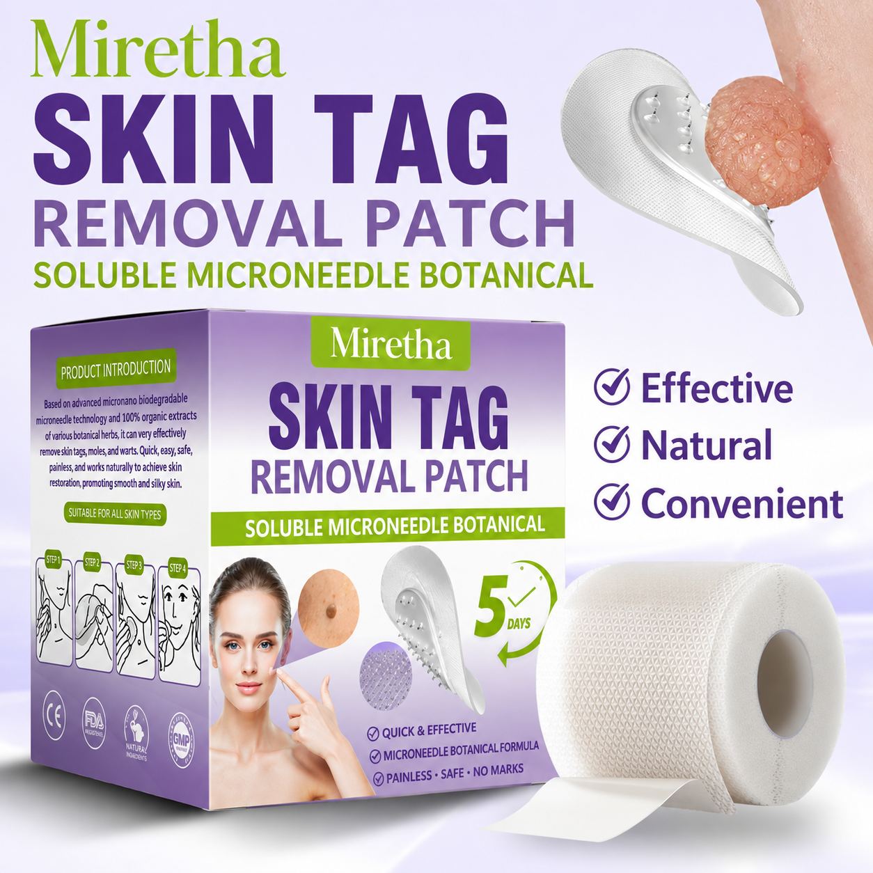 Miretha® Soluble Microneedle Botanical Skin Tag Removal Patch
