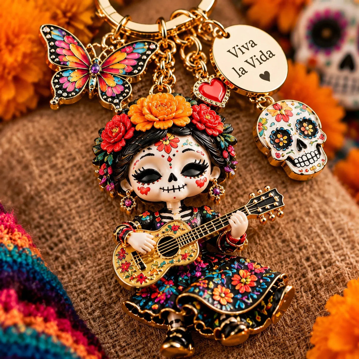 🌼 Día de Muertos-Inspired Layered Charm Keychain for Keys & Bags 💀