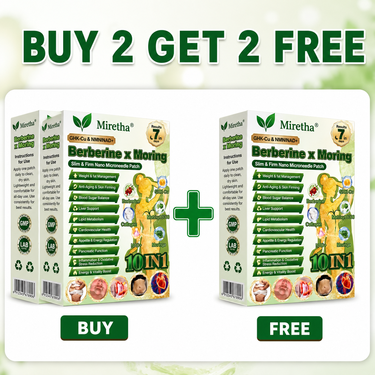 Miretha® Moringa · Berberine+ 10-in-1 Advanced Nano Microneedle Patch