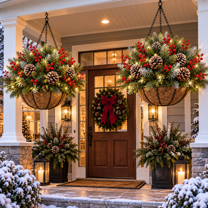 🏆Pre-Lit Christmas Hanging Basket🎄 Pre-lit, weather-resistant, and zero maintenance