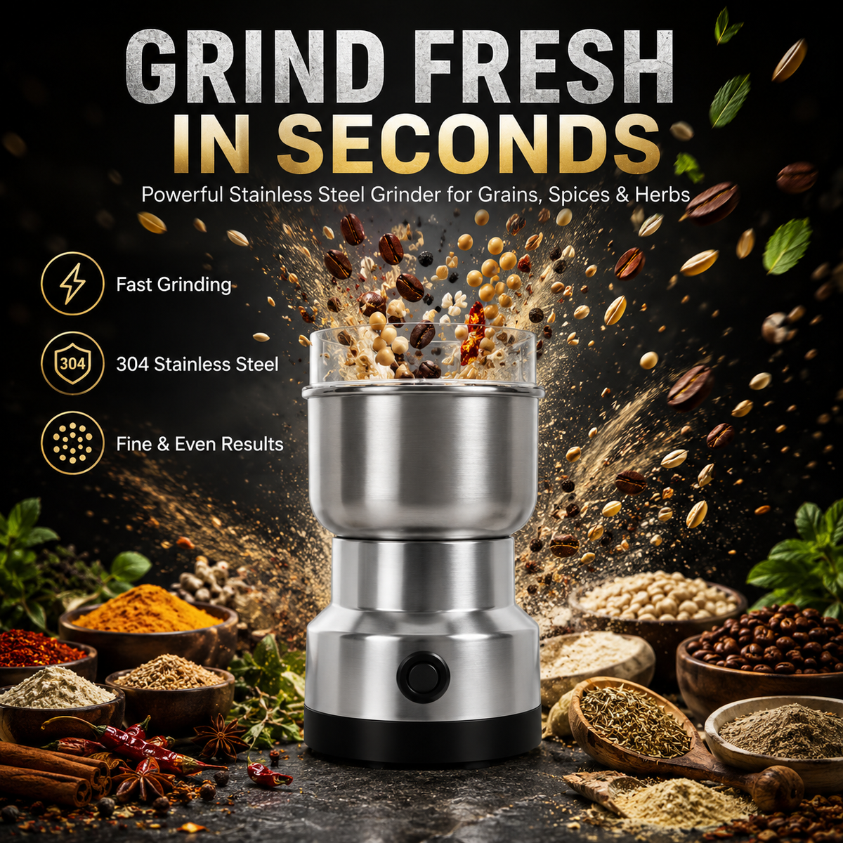 🌿 Stainless Steel Dry Ingredient Grinder ✨ Spices, Grains & Coffee
