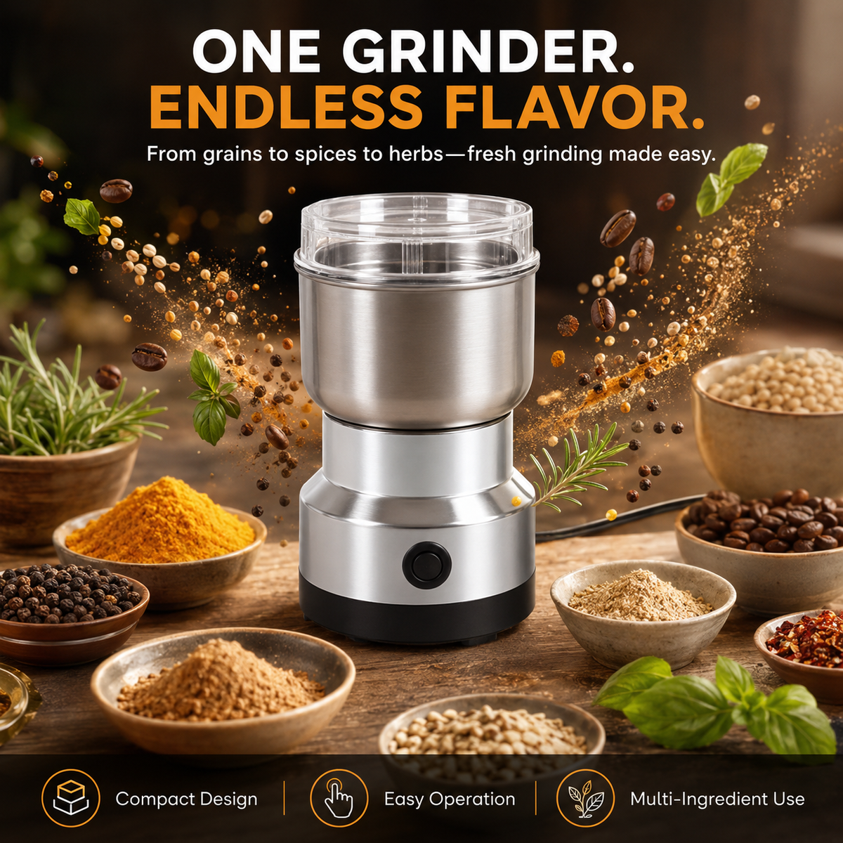 🌿 Stainless Steel Dry Ingredient Grinder ✨ Spices, Grains & Coffee