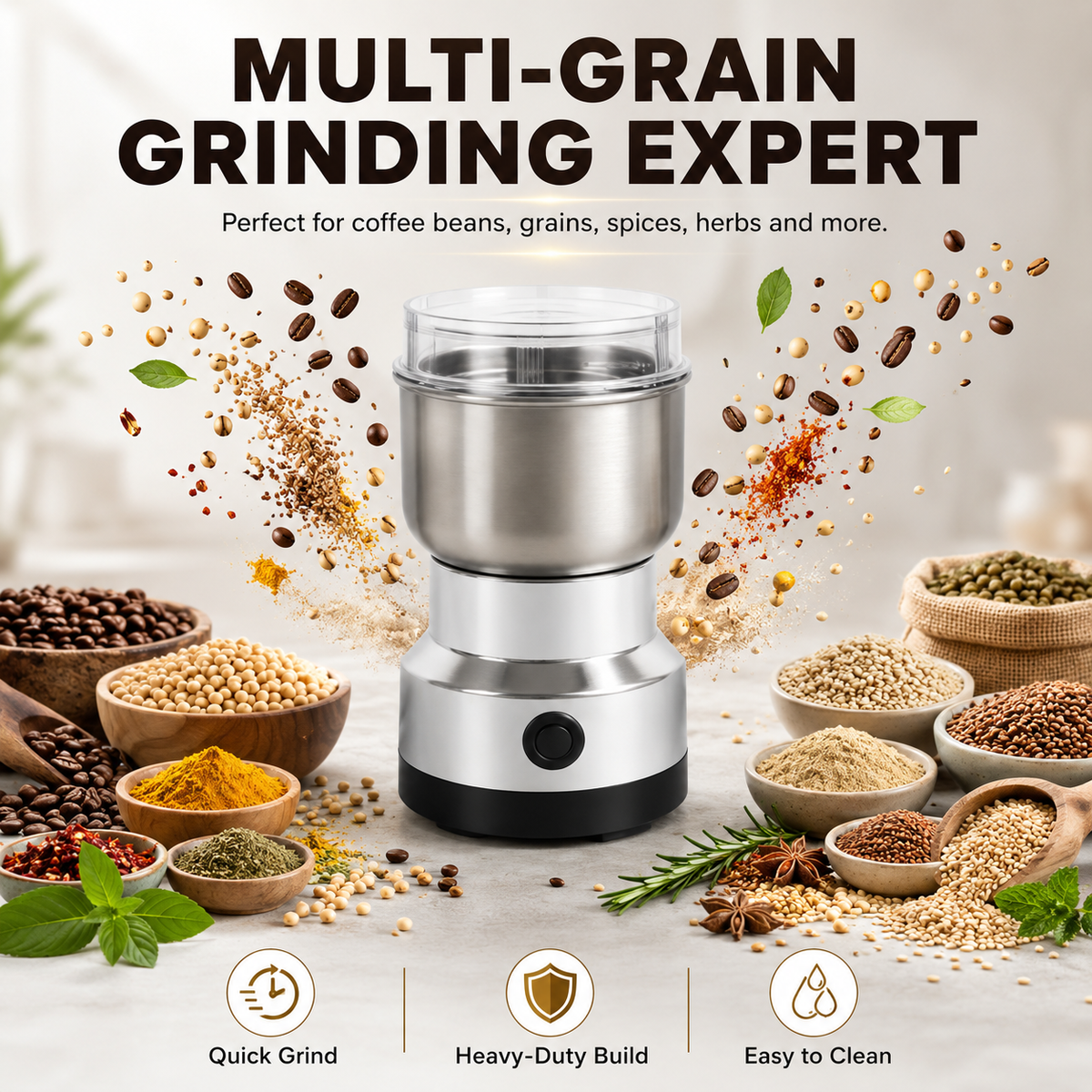 🌿 Stainless Steel Dry Ingredient Grinder ✨ Spices, Grains & Coffee