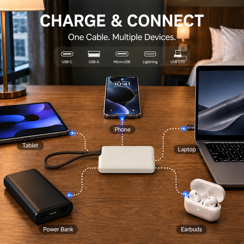 🔌 Pocket Travel Cable Kit – USB-C Cable, 3 Adapters, SIM/TF Storage & Phone Stand
