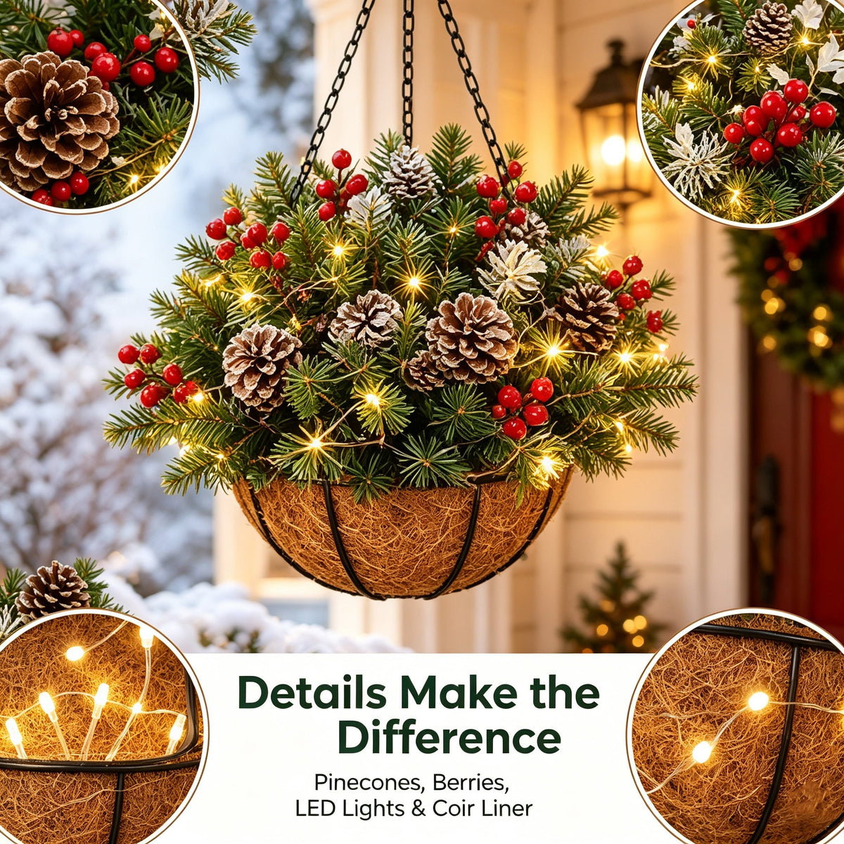🏆Pre-Lit Christmas Hanging Basket🎄 Pre-lit, weather-resistant, and zero maintenance
